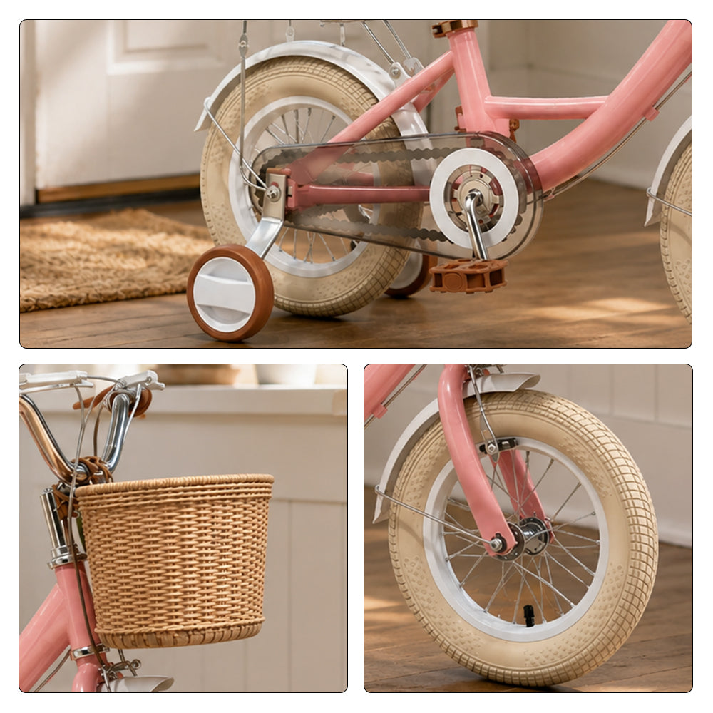 VOLTUS 16 Inch Kids Bike with Training Wheels, Front Basket & Adjustable Seat for Beginner Riders - Cream Pink, Beige Tyres