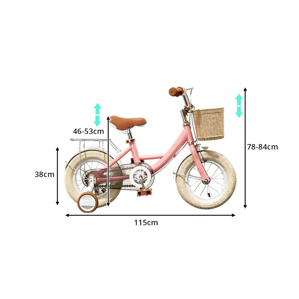 VOLTUS 16 Inch Kids Bike with Training Wheels, Front Basket & Adjustable Seat for Beginner Riders - Cream Pink, Beige Tyres