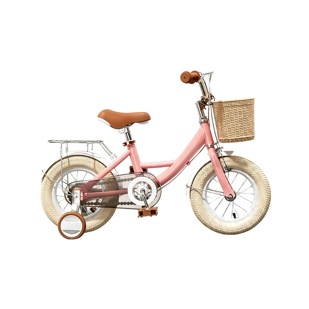 VOLTUS 16 Inch Kids Bike with Training Wheels, Front Basket & Adjustable Seat for Beginner Riders - Cream Pink, Beige Tyres