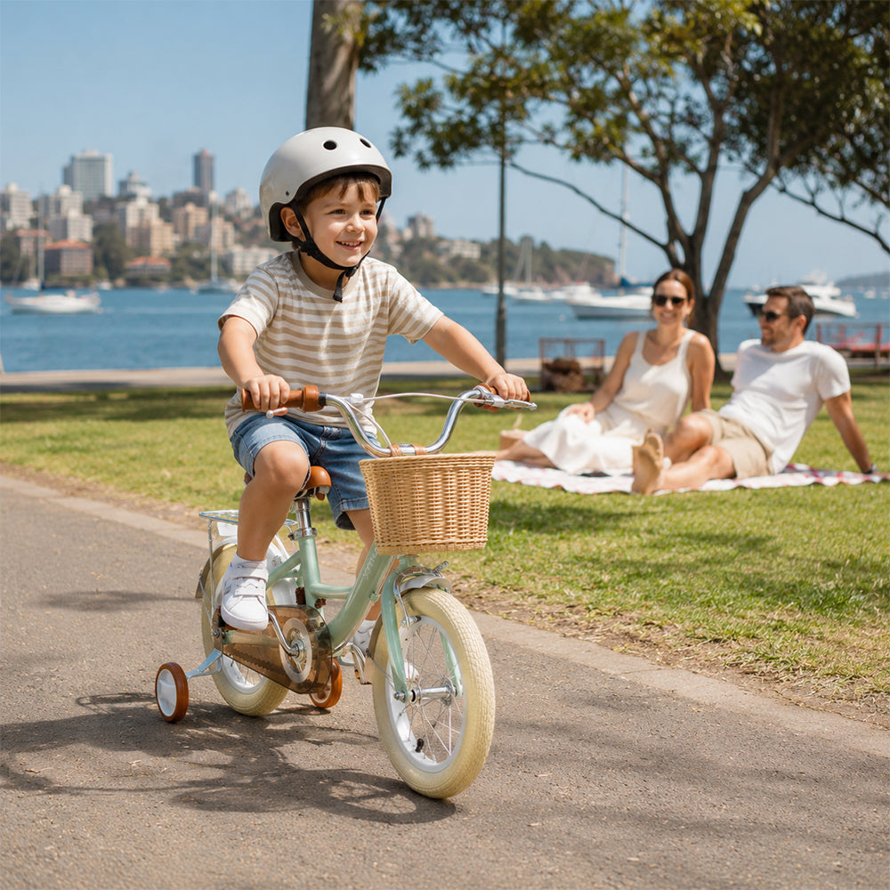 VOLTUS 16 Inch Kids Bike with Training Wheels, Front Basket & Adjustable Seat for Beginner Riders - Grey, Beige Tyres