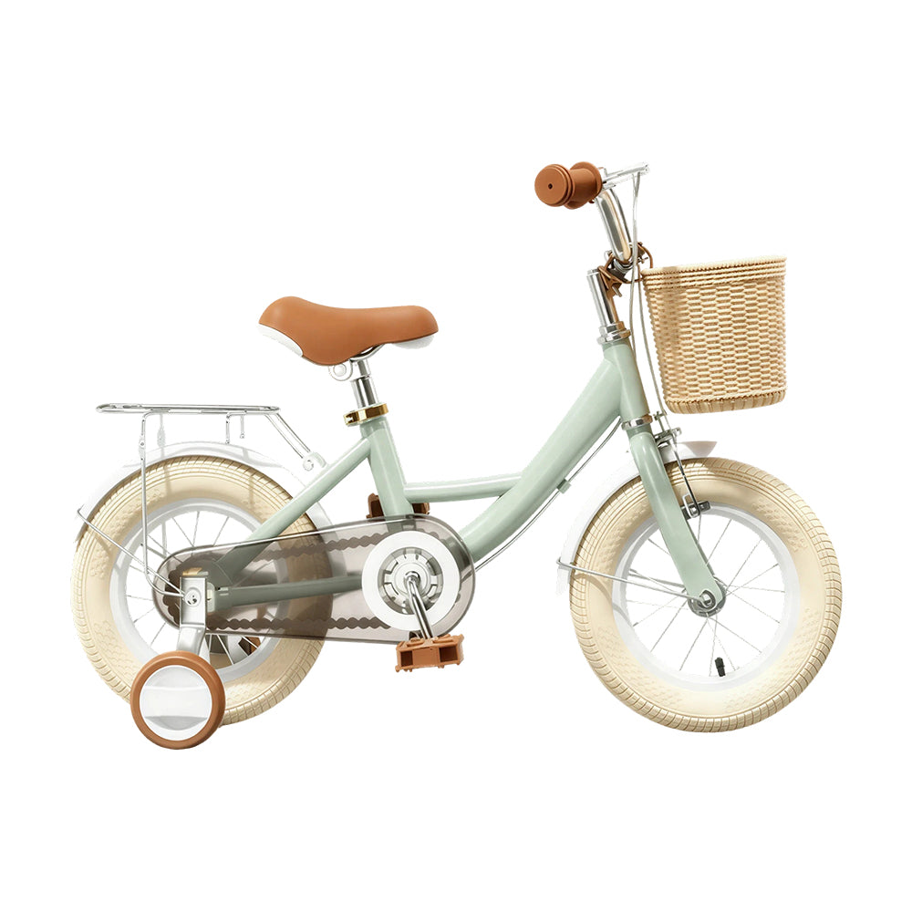 VOLTUS 16 Inch Kids Bike with Training Wheels, Front Basket & Adjustable Seat for Beginner Riders - Grey, Beige Tyres