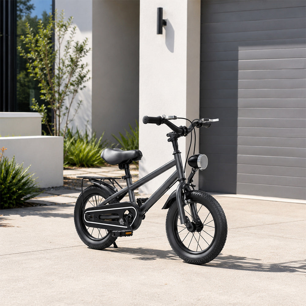 VOLTUS X7 Kids Bike with Headlight, Rear Rack & Full Chain Guard for Beginner Riders - Knight Grey