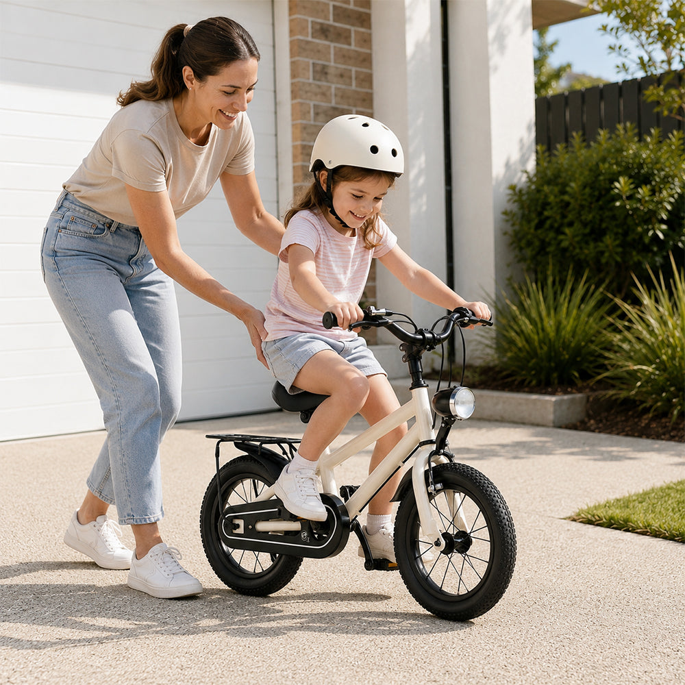 VOLTUS X7 Kids Bike with Headlight, Rear Rack & Full Chain Guard for Beginner Riders - White