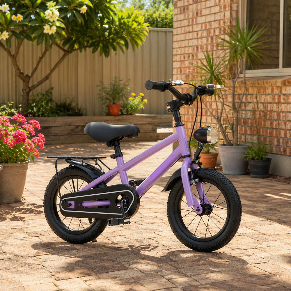 VOLTUS X7 Kids Bike with Headlight, Rear Rack & Full Chain Guard for Beginner Riders - Purple
