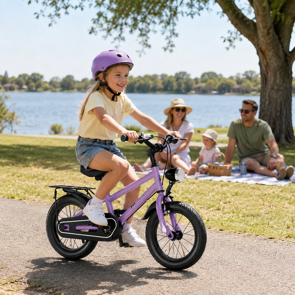 VOLTUS X7 Kids Bike with Headlight, Rear Rack & Full Chain Guard for Beginner Riders - Purple