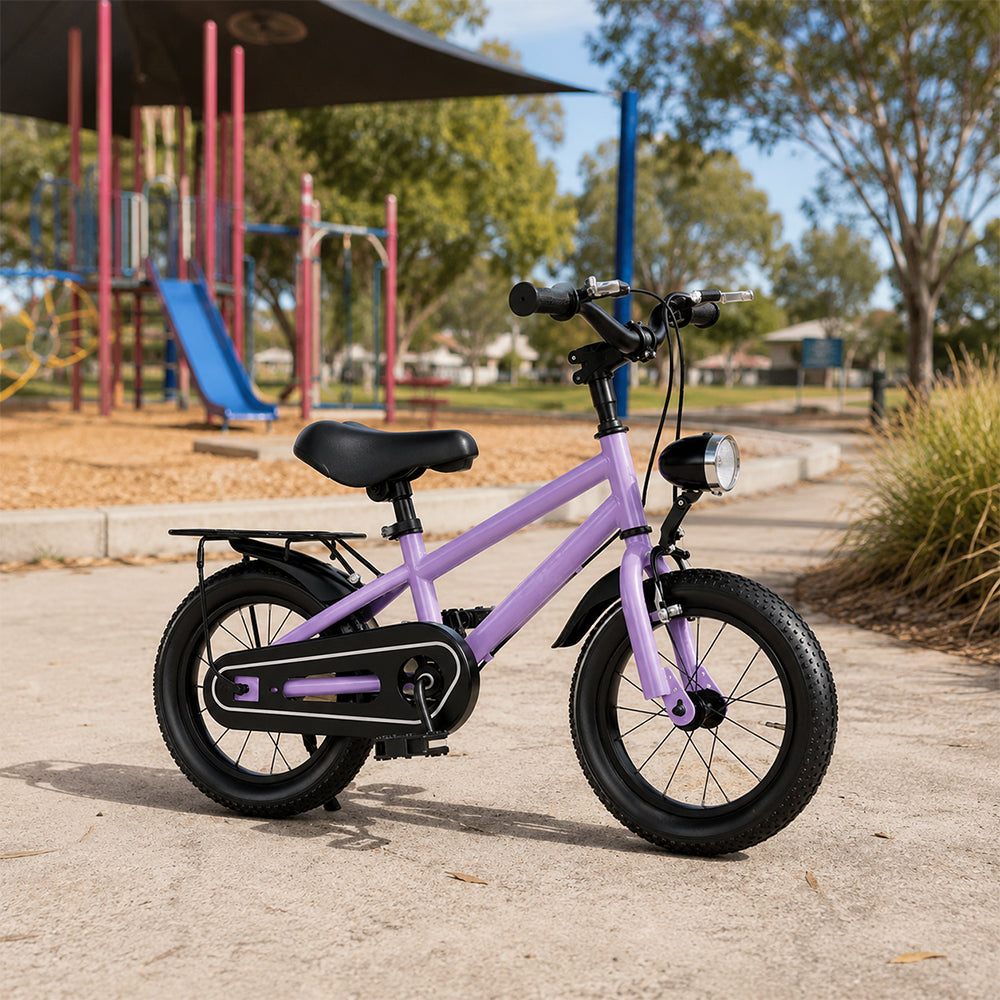 VOLTUS X7 Kids Bike with Headlight, Rear Rack & Full Chain Guard for Beginner Riders - Purple