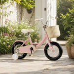 VOLTUS Little Moments Kids Bike with Training Wheels, Woven Basket & Rear Rack for Beginner Riders - Foam Pink, Black Tyres