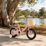 VOLTUS Little Moments Kids Bike with Training Wheels, Woven Basket & Rear Rack for Beginner Riders - Foam Pink, Black Tyres