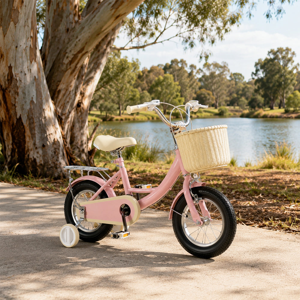 VOLTUS Little Moments Kids Bike with Training Wheels, Woven Basket & Rear Rack for Beginner Riders - Foam Pink, Black Tyres