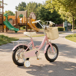 VOLTUS Little Moments Kids Bike with Training Wheels, Woven Basket & Rear Rack for Beginner Riders - Foam Pink, Black Tyres