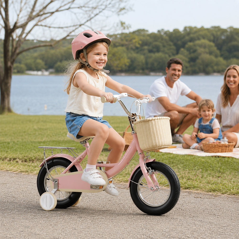 VOLTUS Little Moments Kids Bike with Training Wheels, Woven Basket & Rear Rack for Beginner Riders - Foam Pink, Black Tyres