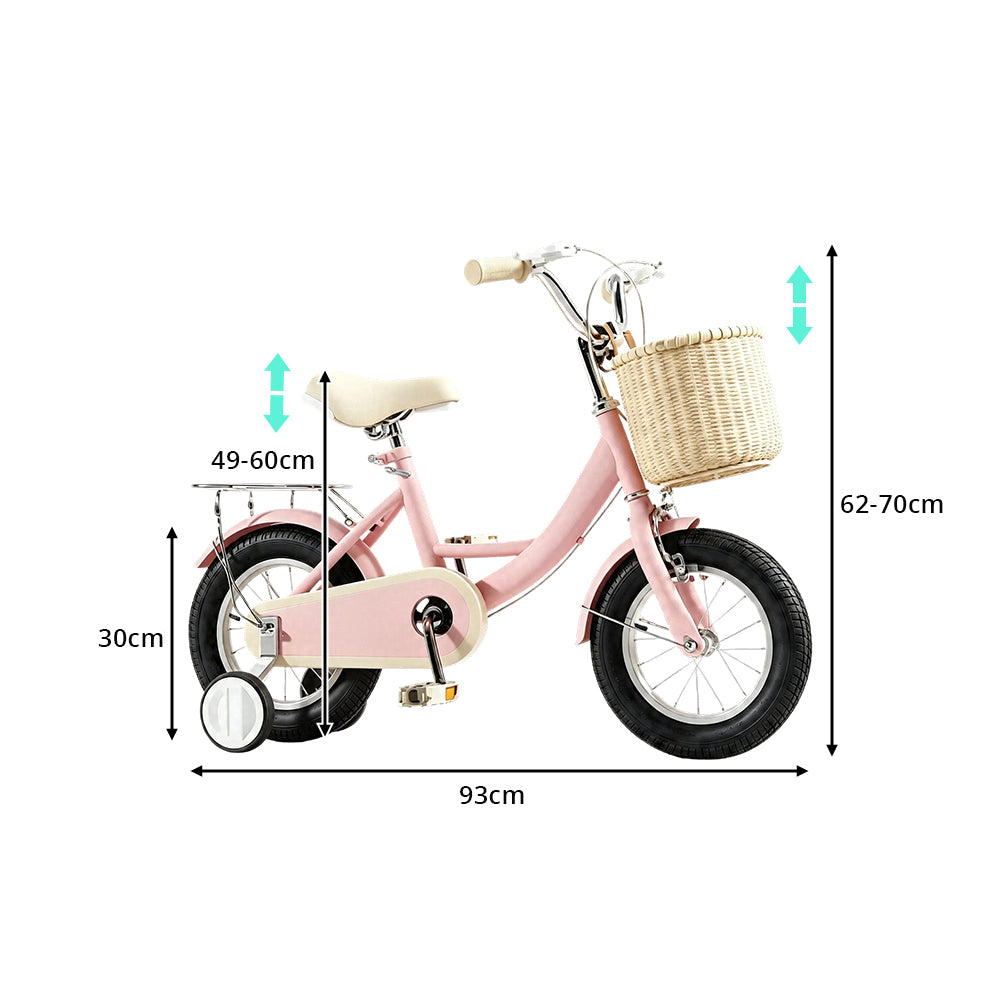 VOLTUS Little Moments Kids Bike with Training Wheels, Woven Basket & Rear Rack for Beginner Riders - Foam Pink, Black Tyres