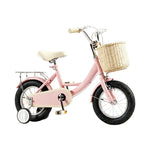 VOLTUS Little Moments Kids Bike with Training Wheels, Woven Basket & Rear Rack for Beginner Riders - Foam Pink, Black Tyres