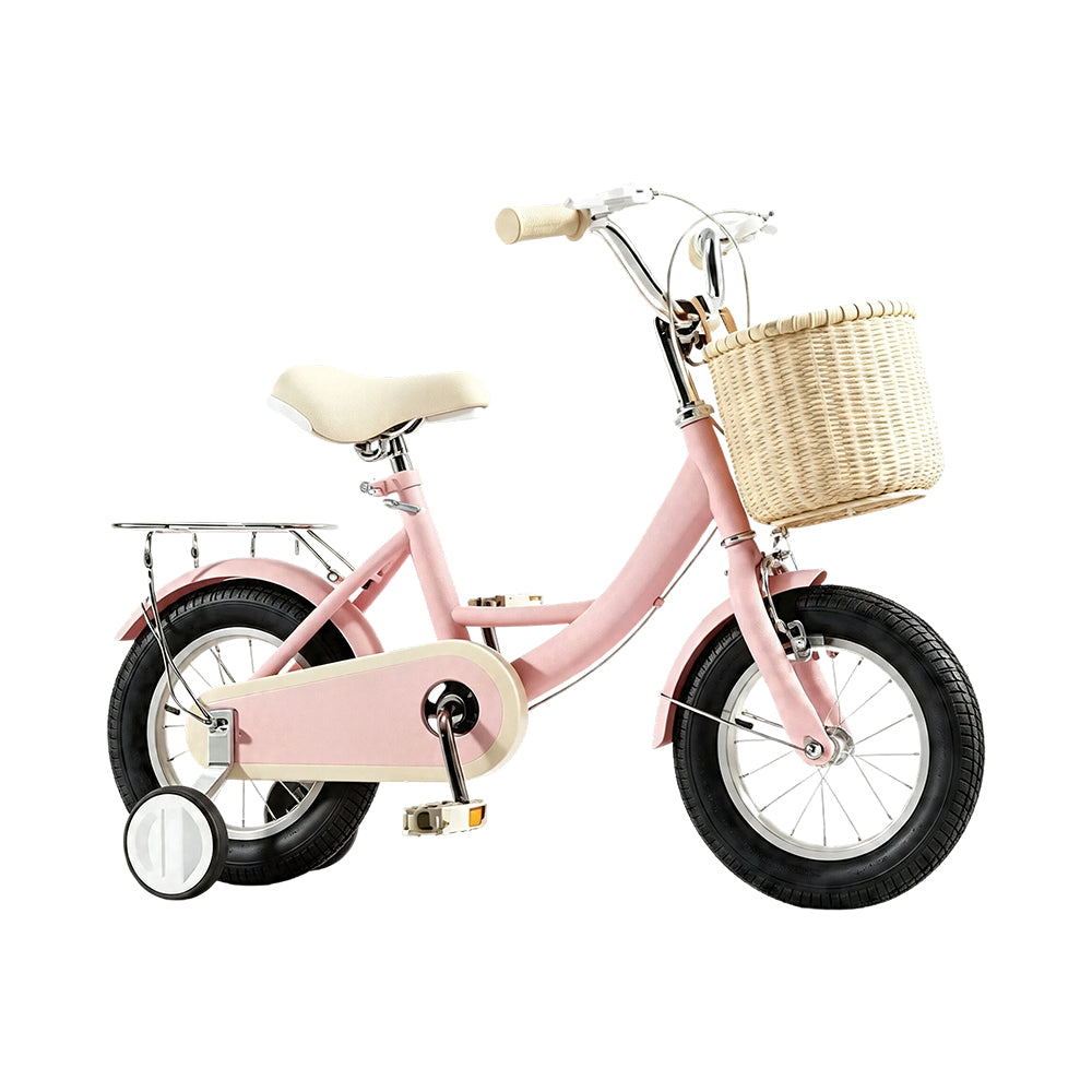 VOLTUS Little Moments Kids Bike with Training Wheels, Woven Basket & Rear Rack for Beginner Riders - Foam Pink, Black Tyres