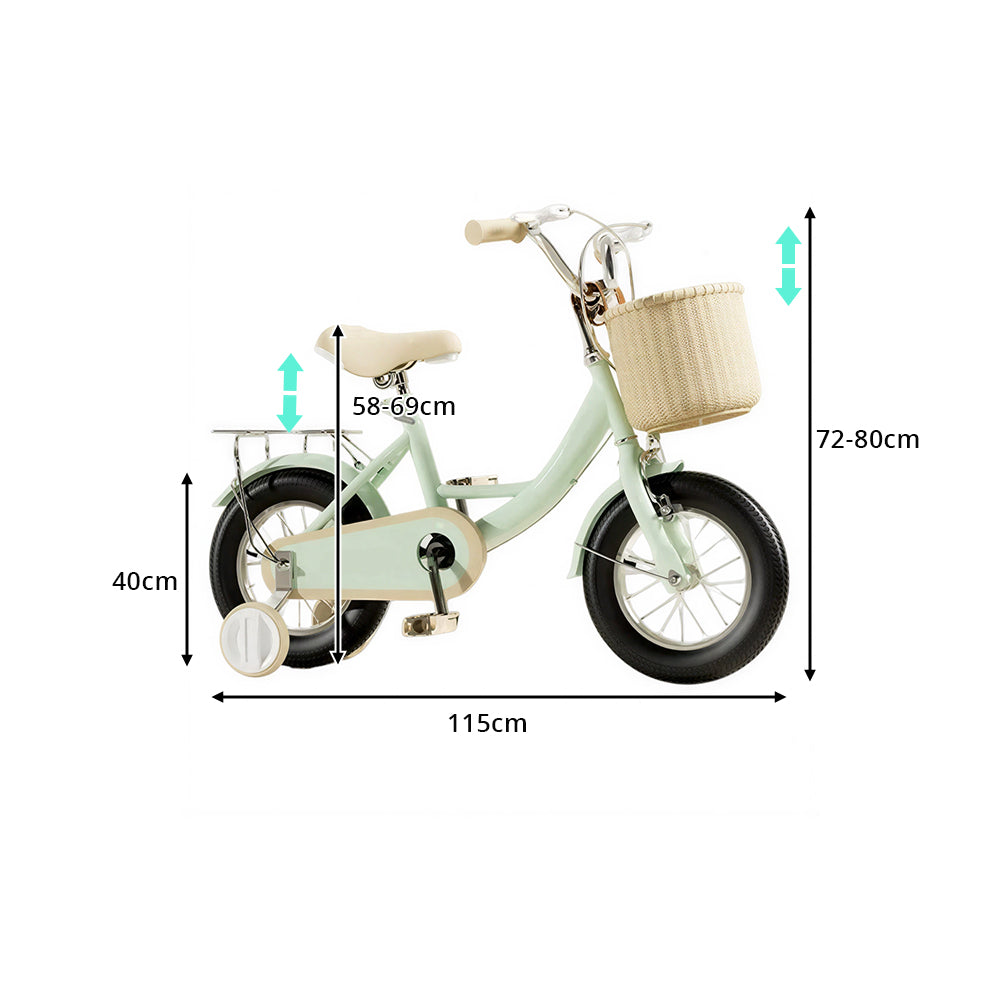 VOLTUS Little Moments Kids Bike with Training Wheels, Woven Basket & Rear Rack for Beginner Riders - Green, Black Tyres
