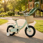 VOLTUS Little Moments Kids Bike with Training Wheels, Woven Basket & Rear Rack for Beginner Riders - Green, Black Tyres