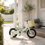 VOLTUS Little Moments Kids Bike with Training Wheels, Woven Basket & Rear Rack for Beginner Riders - Green, Black Tyres