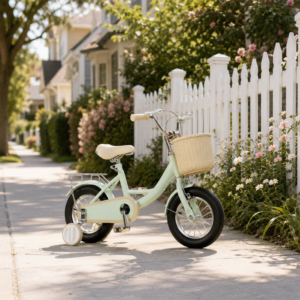 VOLTUS Little Moments Kids Bike with Training Wheels, Woven Basket & Rear Rack for Beginner Riders - Green, Black Tyres