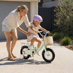 VOLTUS Little Moments Kids Bike with Training Wheels, Woven Basket & Rear Rack for Beginner Riders - Green, Black Tyres