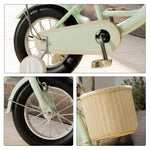 VOLTUS Little Moments Kids Bike with Training Wheels, Woven Basket & Rear Rack for Beginner Riders - Green, Black Tyres