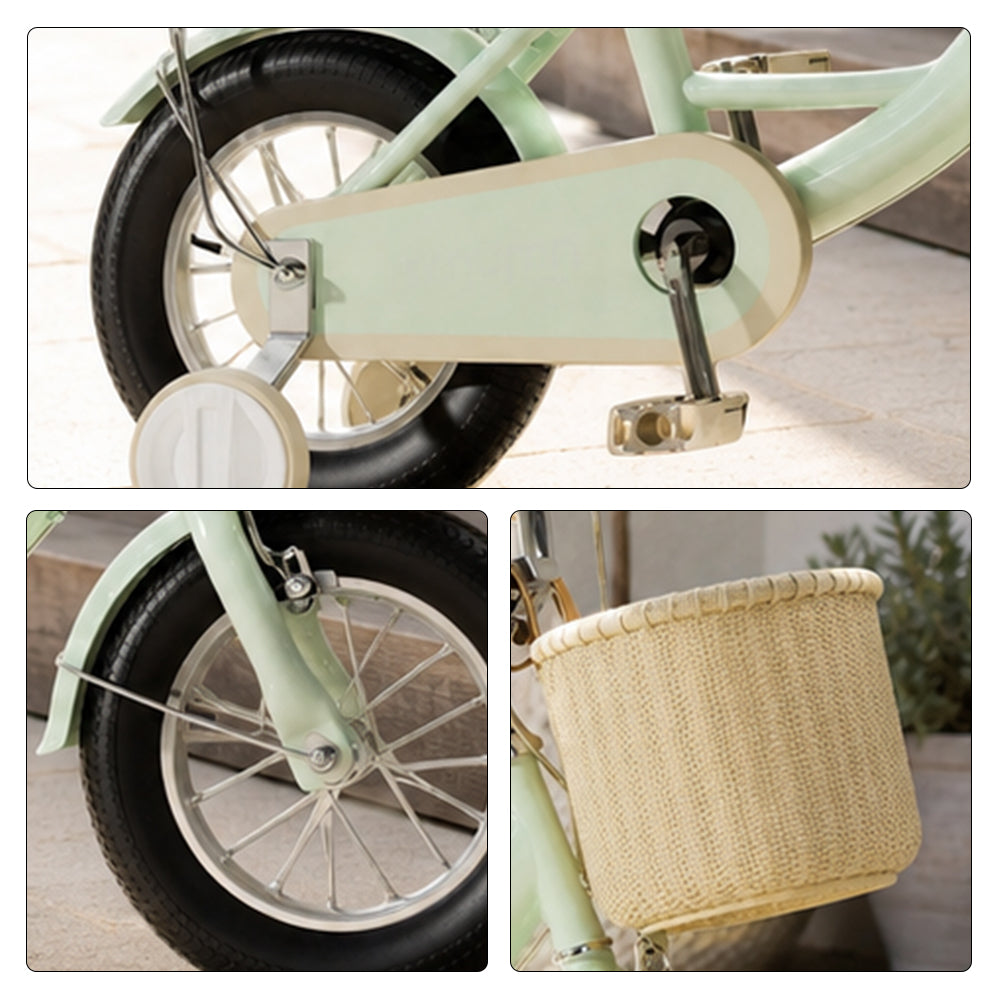 VOLTUS Little Moments Kids Bike with Training Wheels, Woven Basket & Rear Rack for Beginner Riders - Green, Black Tyres