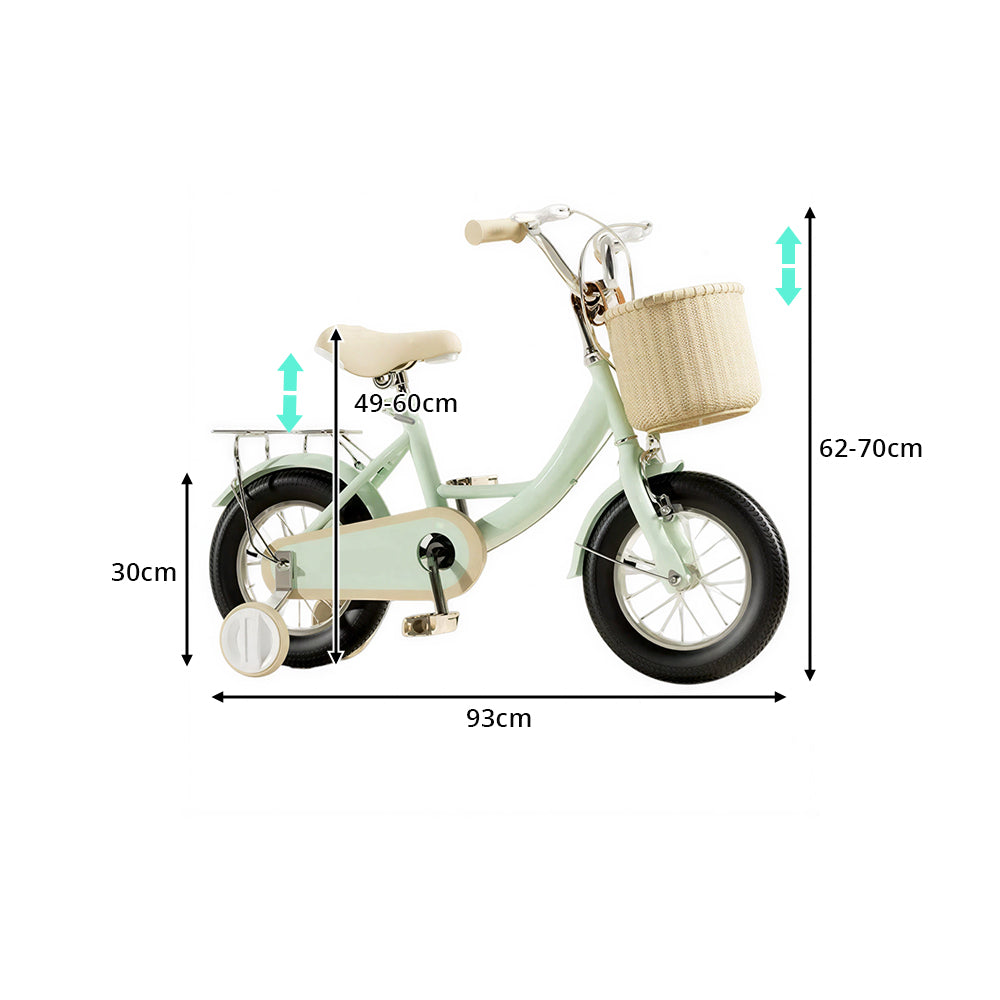 VOLTUS Little Moments Kids Bike with Training Wheels, Woven Basket & Rear Rack for Beginner Riders - Green, Black Tyres