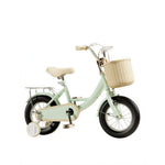 VOLTUS Little Moments Kids Bike with Training Wheels, Woven Basket & Rear Rack for Beginner Riders - Green, Black Tyres