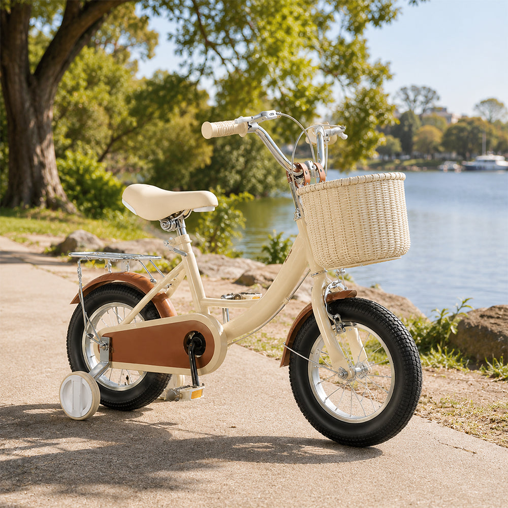 VOLTUS Little Moments Kids Bike with Training Wheels, Woven Basket & Rear Rack for Beginner Riders - White, Black Tyres