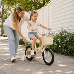 VOLTUS Little Moments Kids Bike with Training Wheels, Woven Basket & Rear Rack for Beginner Riders - White, Black Tyres