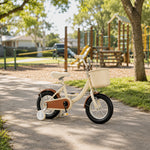 VOLTUS Little Moments Kids Bike with Training Wheels, Woven Basket & Rear Rack for Beginner Riders - White, Black Tyres