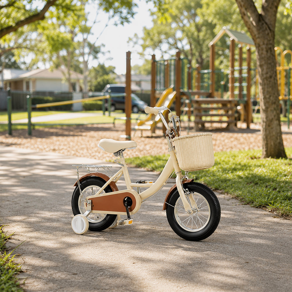 VOLTUS Little Moments Kids Bike with Training Wheels, Woven Basket & Rear Rack for Beginner Riders - White, Black Tyres