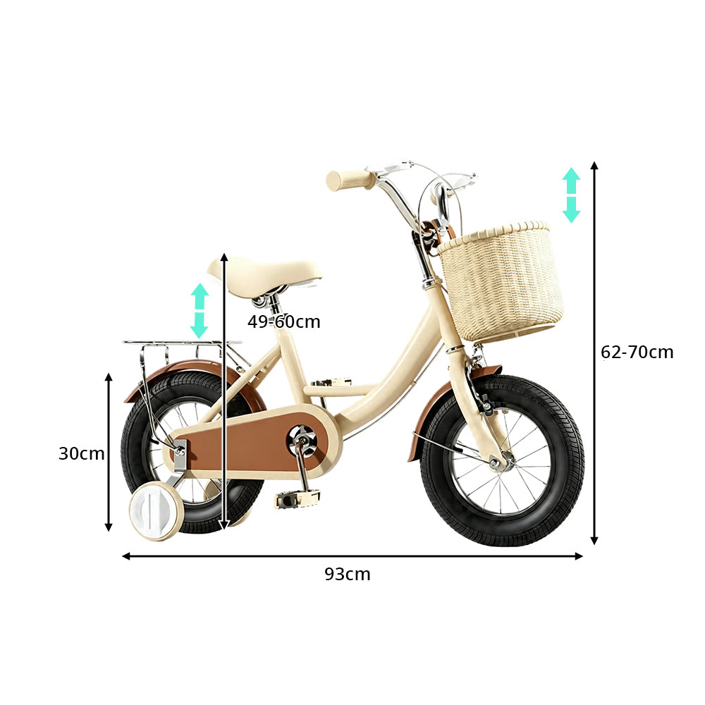 VOLTUS Little Moments Kids Bike with Training Wheels, Woven Basket & Rear Rack for Beginner Riders - White, Black Tyres