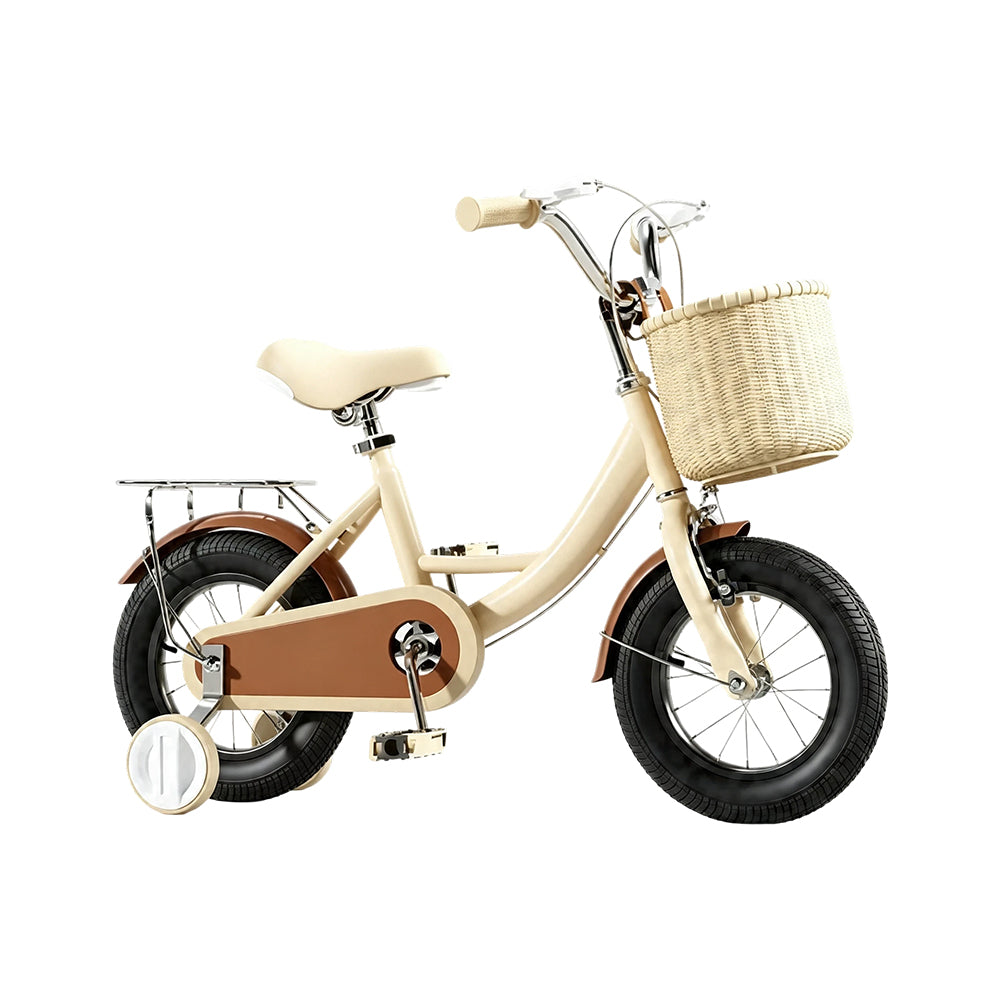 VOLTUS Little Moments Kids Bike with Training Wheels, Woven Basket & Rear Rack for Beginner Riders - White, Black Tyres