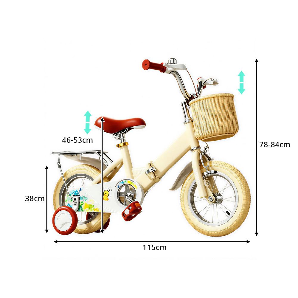 VOLTUS Kids Bike with Training Wheels, Woven Basket & Rear Rack for Beginner Riders - Little Duck, Wheat Yellow