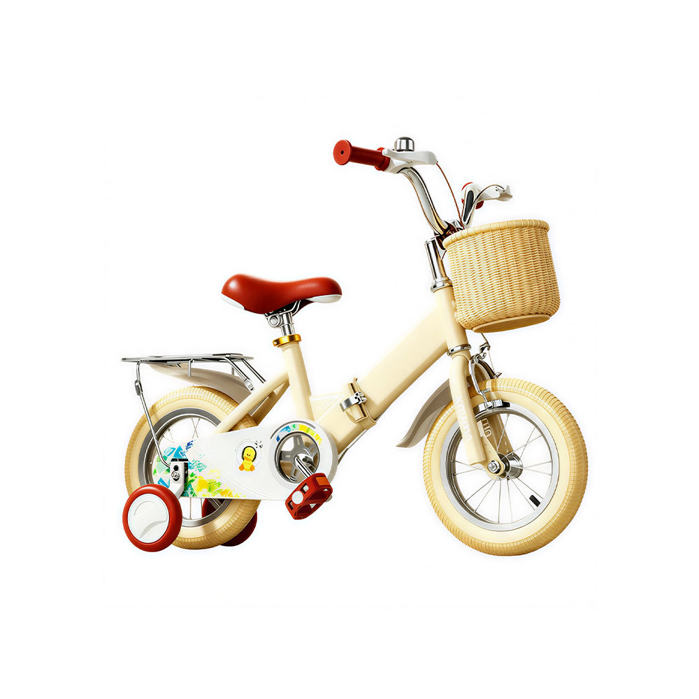VOLTUS Kids Bike with Training Wheels, Woven Basket & Rear Rack for Beginner Riders - Little Duck, Wheat Yellow