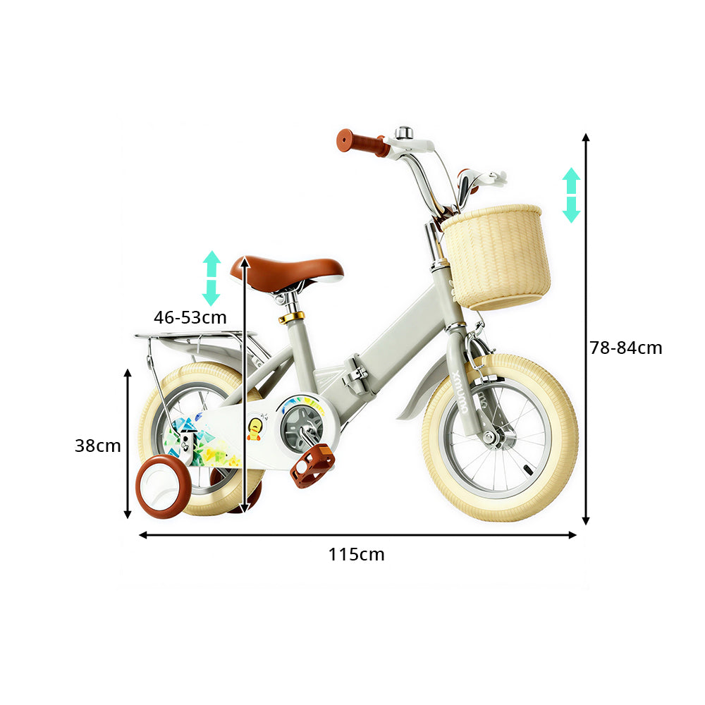 VOLTUS Kids Bike with Training Wheels, Woven Basket & Rear Rack for Beginner Riders - Little Duck, Grey