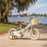 VOLTUS Kids Bike with Training Wheels, Woven Basket & Rear Rack for Beginner Riders - Little Duck, Grey