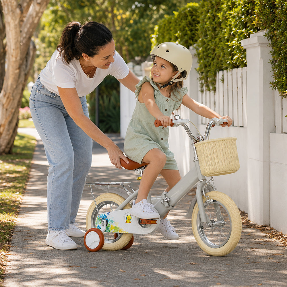 VOLTUS Kids Bike with Training Wheels, Woven Basket & Rear Rack for Beginner Riders - Little Duck, Grey