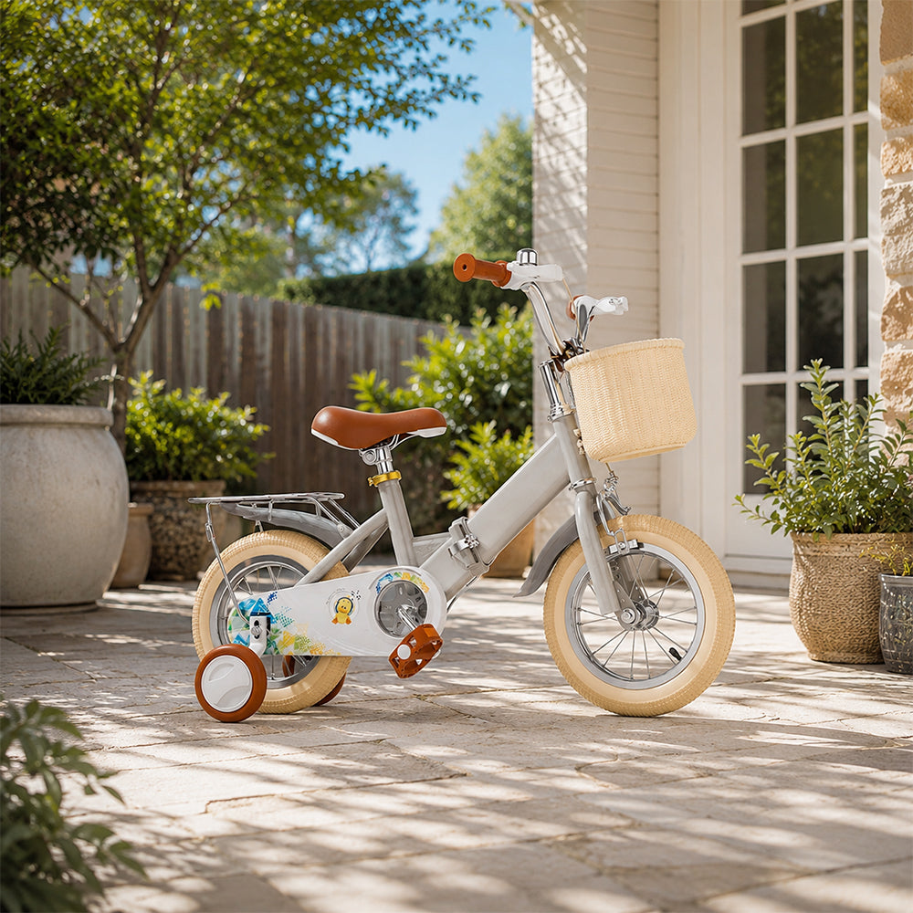 VOLTUS Kids Bike with Training Wheels, Woven Basket & Rear Rack for Beginner Riders - Little Duck, Grey