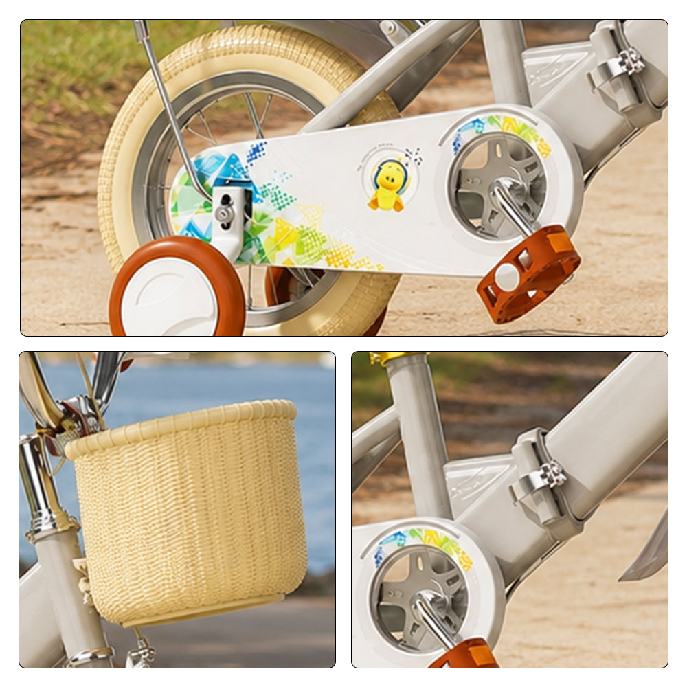 VOLTUS Kids Bike with Training Wheels, Woven Basket & Rear Rack for Beginner Riders - Little Duck, Grey