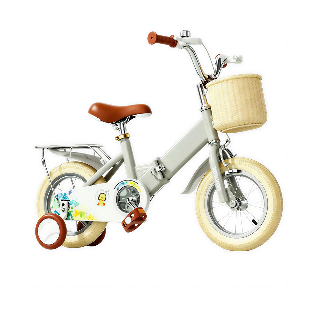 VOLTUS Kids Bike with Training Wheels, Woven Basket & Rear Rack for Beginner Riders - Little Duck, Grey