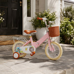 VOLTUS Foldable Kids Bike with Training Wheels, Front Basket & Rear Rack for Beginner Riders - Blush Pink, Cream Tyres