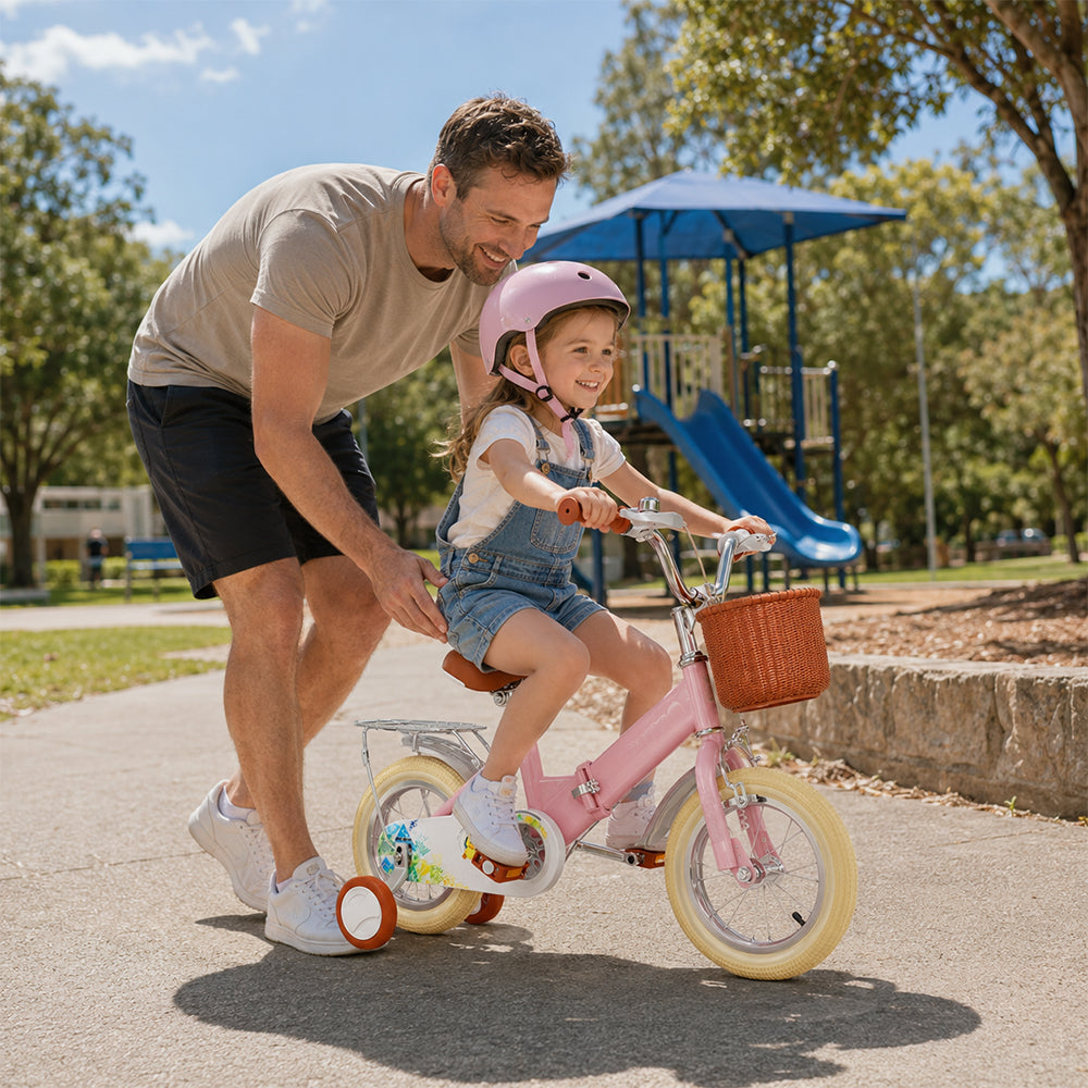 VOLTUS Foldable Kids Bike with Training Wheels, Front Basket & Rear Rack for Beginner Riders - Blush Pink, Cream Tyres