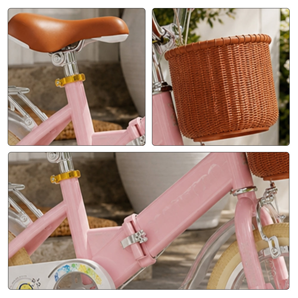 VOLTUS Foldable Kids Bike with Training Wheels, Front Basket & Rear Rack for Beginner Riders - Blush Pink, Cream Tyres