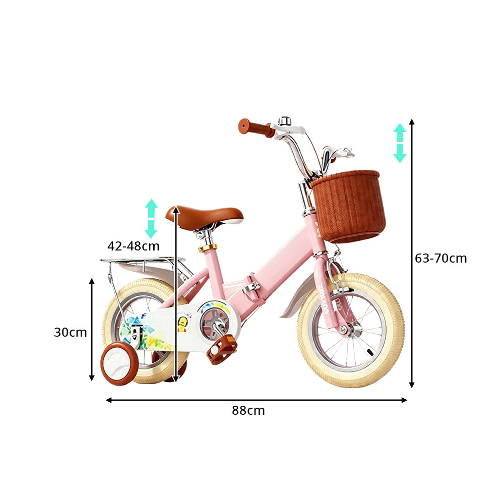 VOLTUS Foldable Kids Bike with Training Wheels, Front Basket & Rear Rack for Beginner Riders - Blush Pink, Cream Tyres