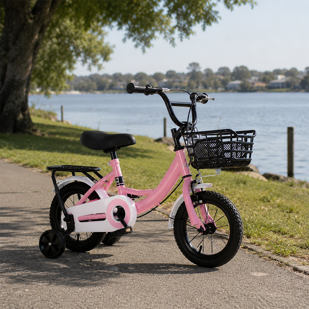 VOLTUS Kids Bicycle with Training Wheels Front Basket and Rear Rack for Beginner Riders - Pink