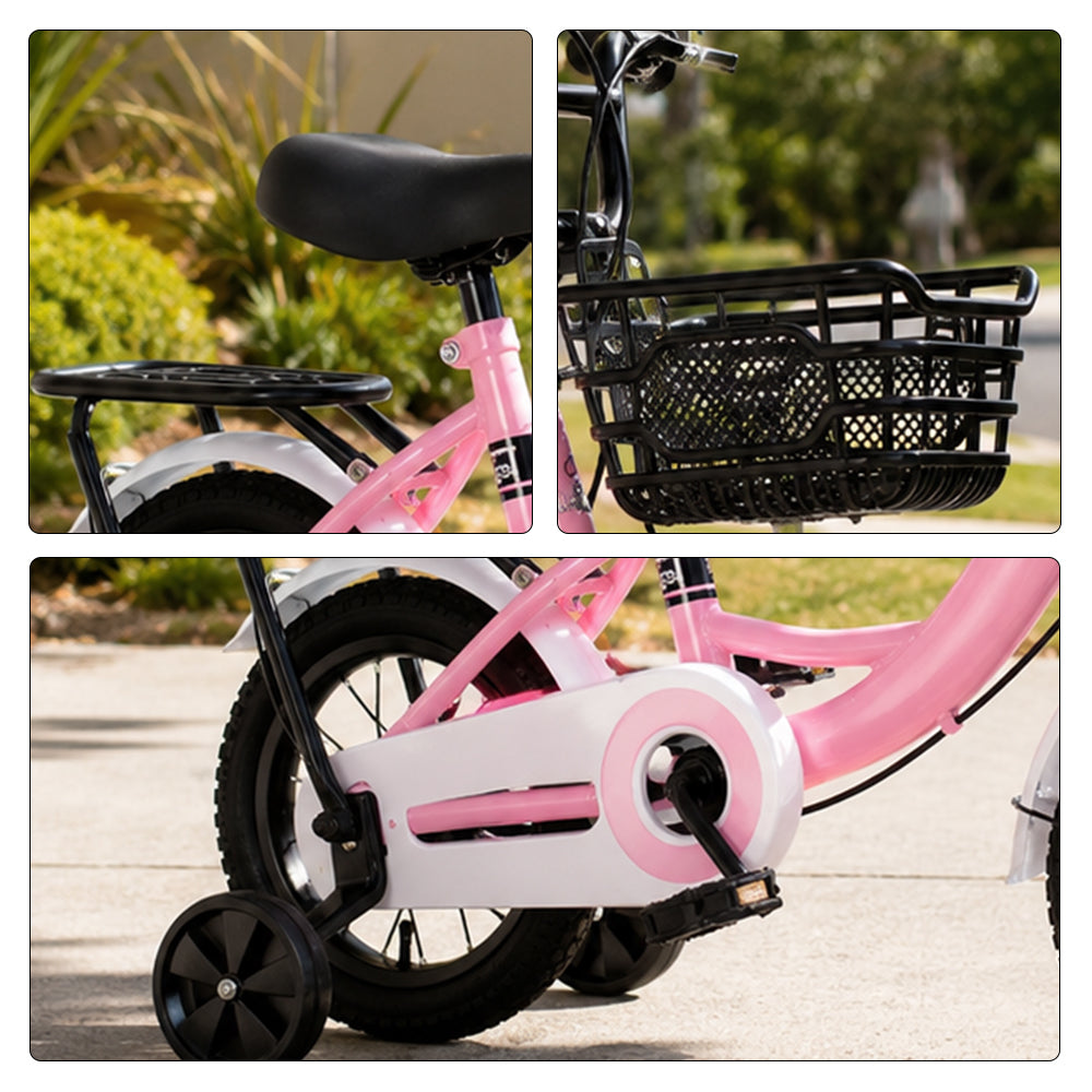 VOLTUS Kids Bicycle with Training Wheels Front Basket and Rear Rack for Beginner Riders - Pink