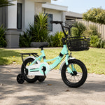 VOLTUS Kids Bicycle with Training Wheels Front Basket and Rear Rack for Beginner Riders - Green