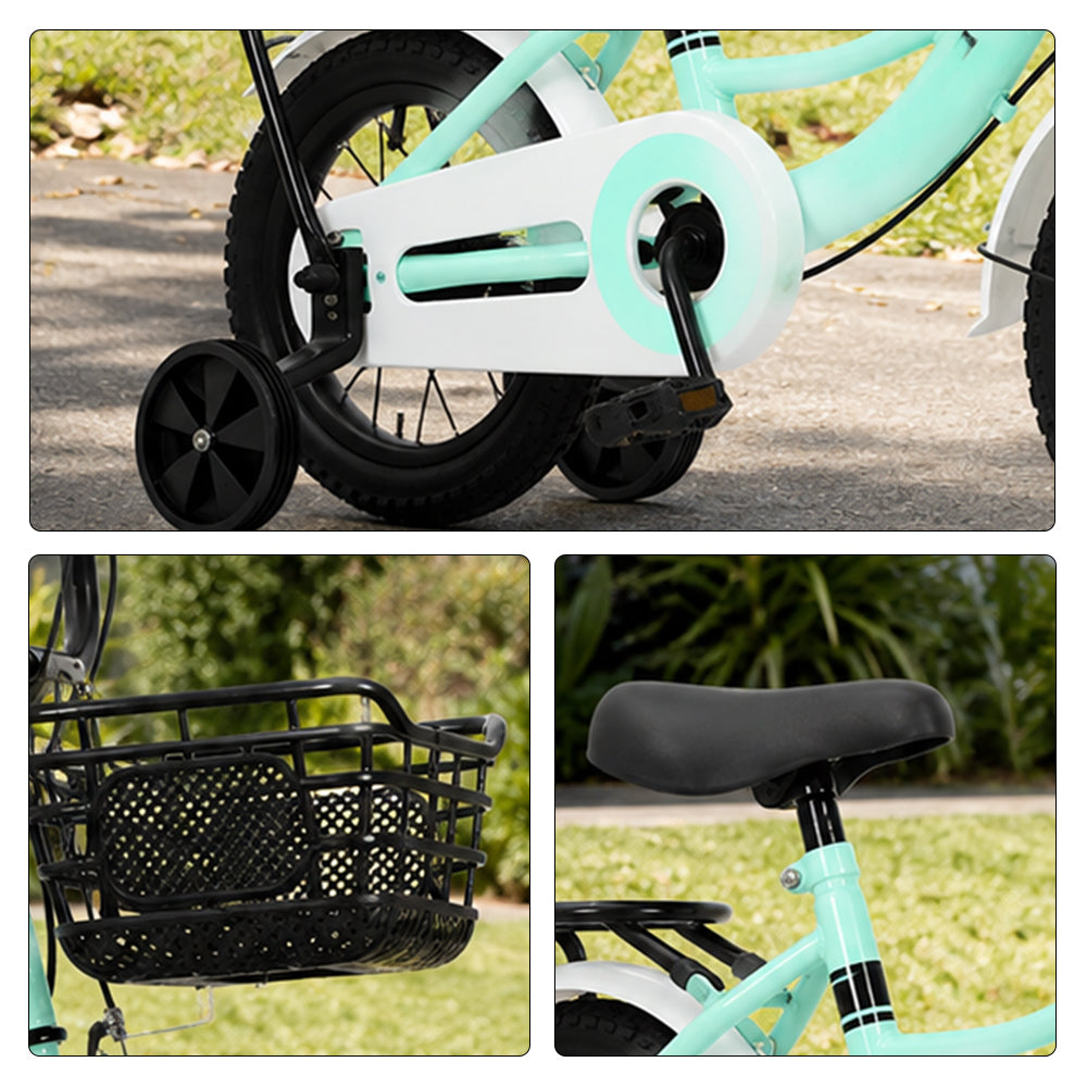 VOLTUS Kids Bicycle with Training Wheels Front Basket and Rear Rack for Beginner Riders - Green