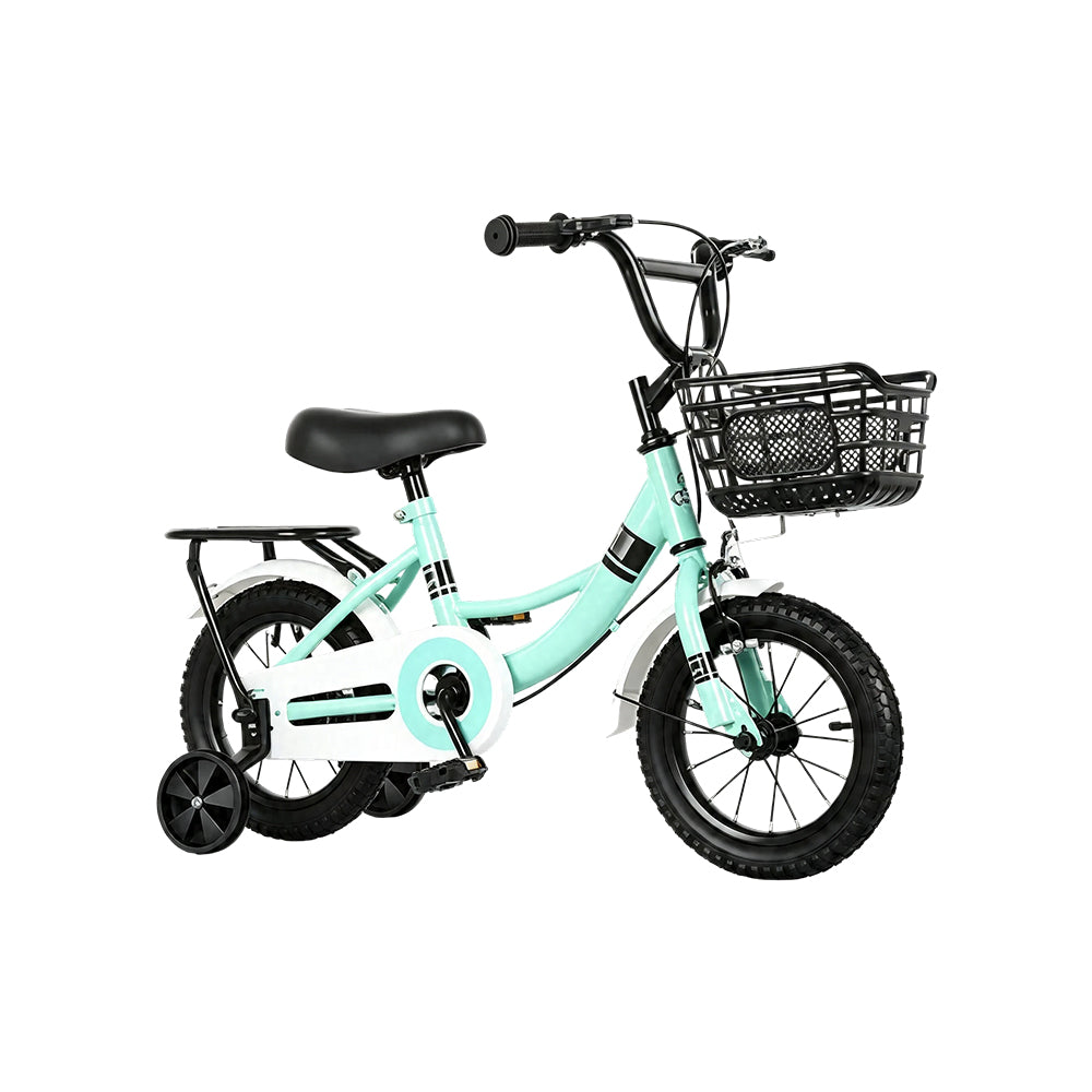 VOLTUS Kids Bicycle with Training Wheels Front Basket and Rear Rack for Beginner Riders - Green